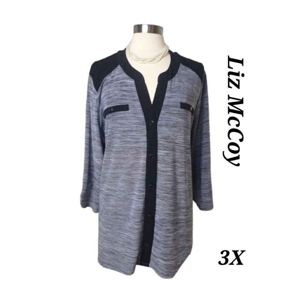 Women's 3X Button Up Top Black & Gray Roll Tab Sleeves Tunic Comfy Blouse